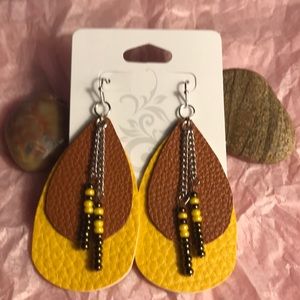 Lightweight leather earrings, brown and yellow, beaded